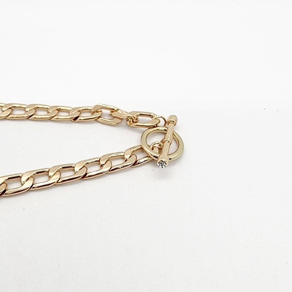 Make a Wish 10" Gold Flat Curb Chain Necklace w/ Jeweled Toggle Lobster Clasp - Picture 3 of 4